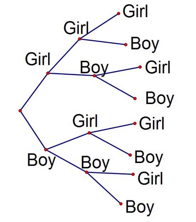 Tree diagram showing all the possible gender outcomes in the birth of triplets. The outcomes are: