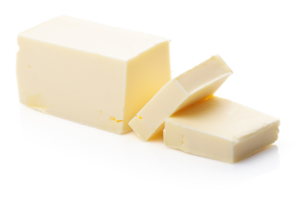 A stick of butter shaped like a square prism with two slices cut 