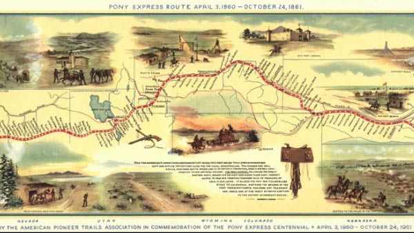 a color hand-drawn image of the Pony Express route