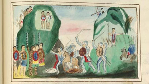 a colorful painting showing a battle between Spanish and Aztecs