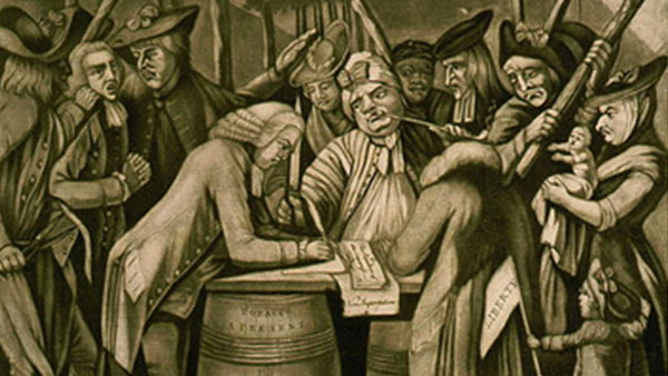 a painting showing a “Virginian Loyalist” being forced to sign a document by a club-wielding mob