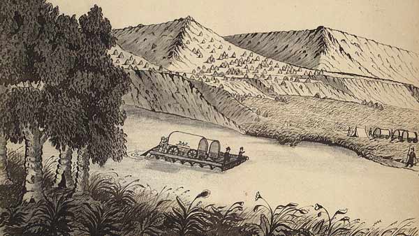 pencil drawing of two wagons on a raft in a river