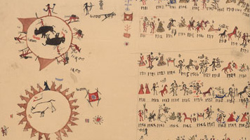 hand-drawn pictograph depicting horses and people