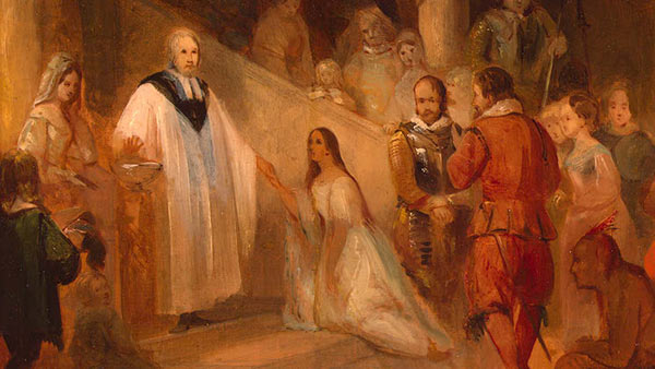 color painting of Pocahontas kneeling before a robed priest