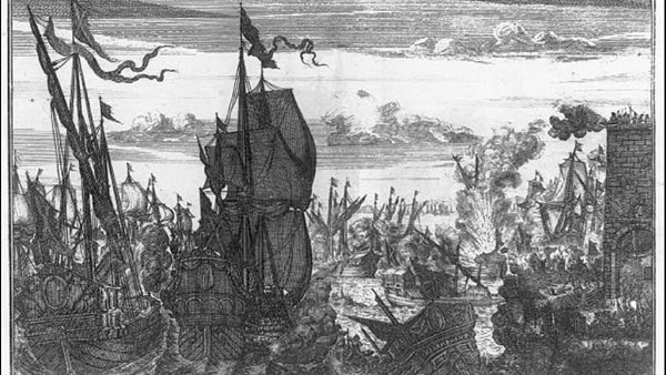 black and white engraving of a group of ships battling at sea