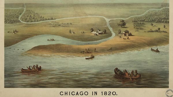 colorful painting of Chicago riverbanks with Native Americans in canoes