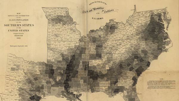 sepia-toned paper map of the Southern United States showing shaded counties based on slave population