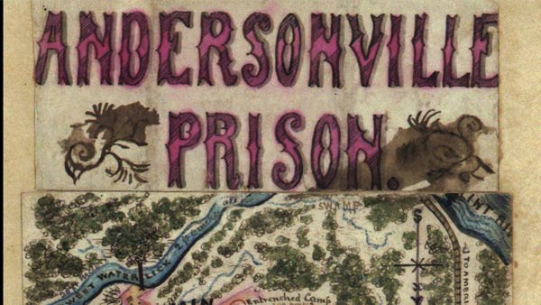 color hand-drawn lettering of the prison name with the top of a map showing at the bottom of the image