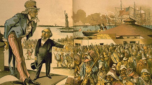 color cartoon showing Uncle Sam looking over a crowd of immigrants