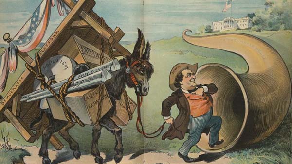 color cartoon showing a caricature of William Jennings Bryan entering a tunnel to the White House while pulling an overloaded donkey
