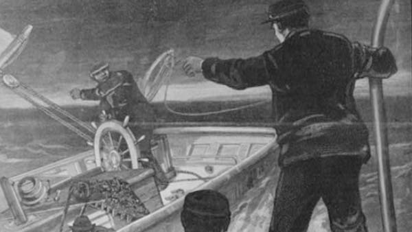black and white drawing of a policeman in the foreground tossing a rope to the boat of an oyster dredger
