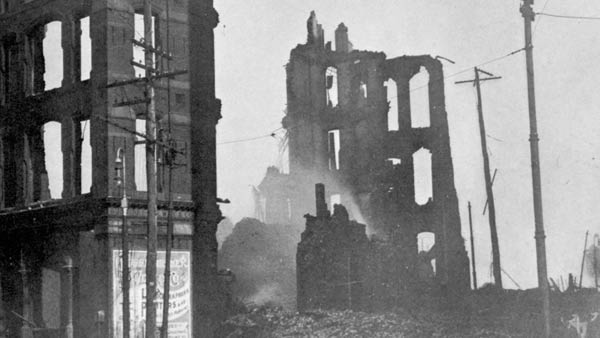black and white photo of burned out buildings