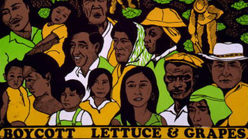 color hand-drawn illustration of a group of farm-workers and their families