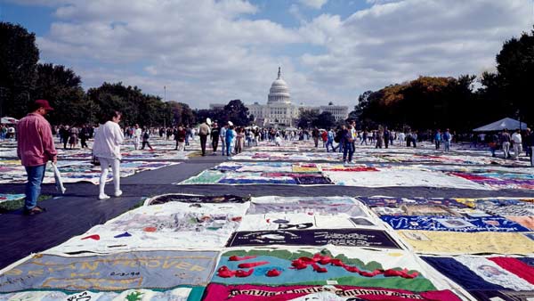 photo of the AIDS quilt with the U.S. Capitol building in the background