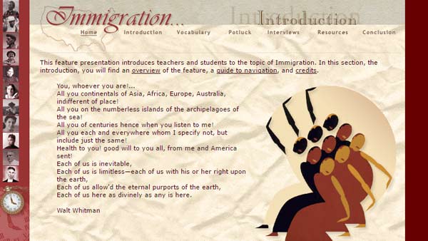 screenshot of website with dark red text on a tan backround, includes black and white photos of immigrants