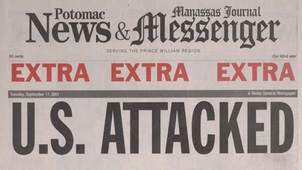 front page of newspaper declaring in a large headline that the U.S. has been attacked