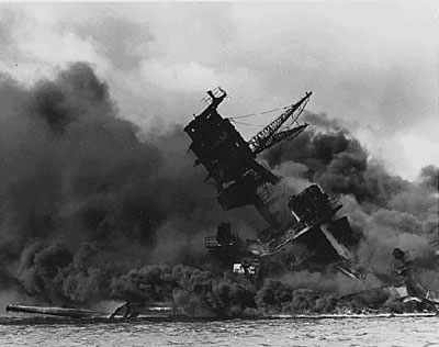 USS Arizona burning at Pearl Harbor, 1941