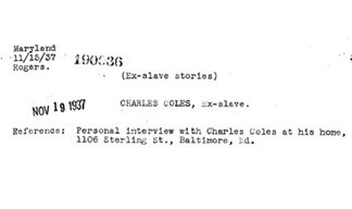 black type on white paper with heading 'Charles Coles, Ex-Slave'