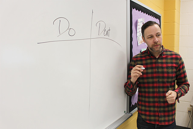 Mr Lexington at the whiteboard with 'Do' and 'Don't' written on it