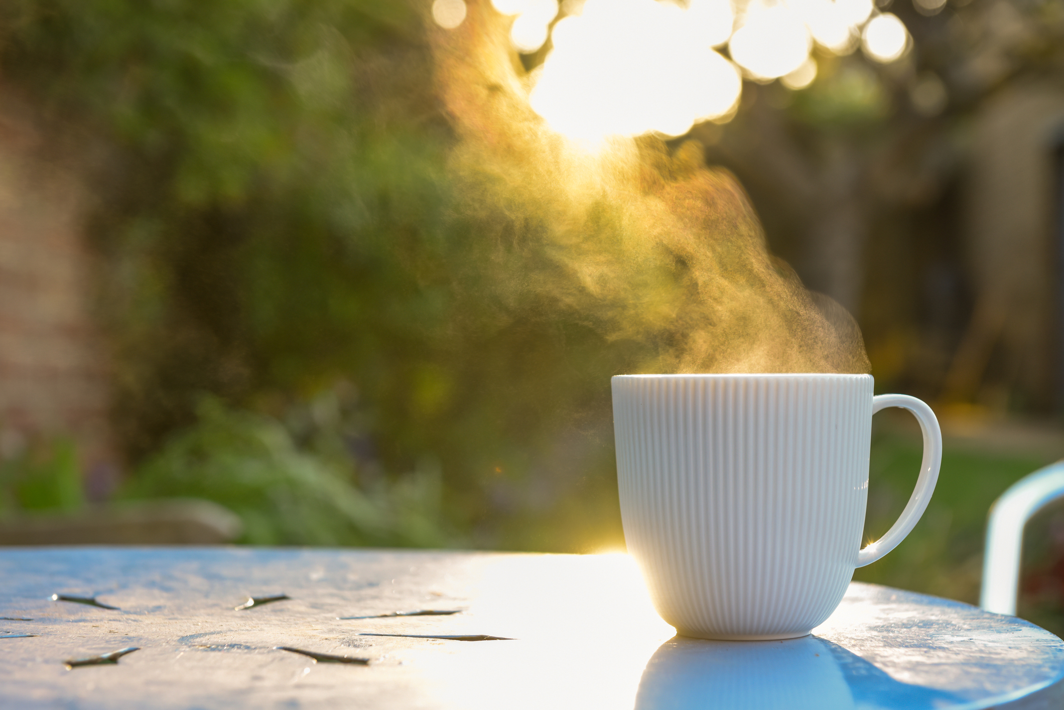 Steam is rising from a warm coffee mug.