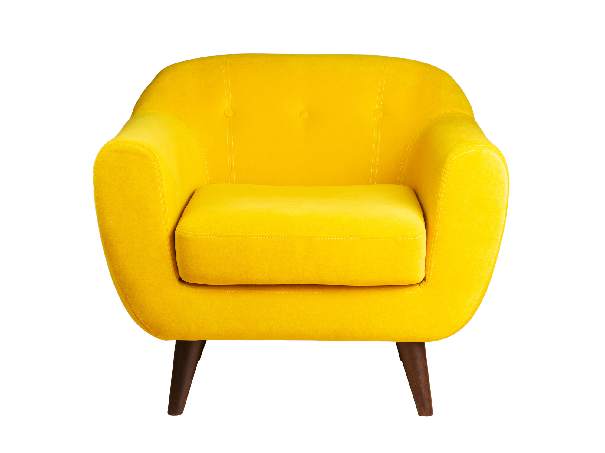 A wide lounge chair with yellow fabric and wooden legs is pictured.