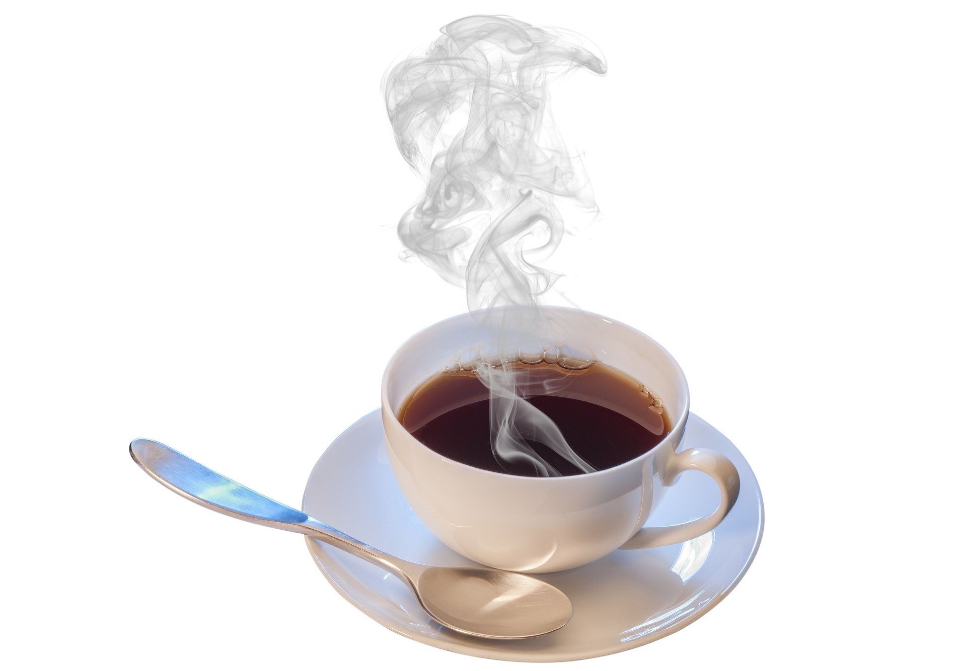 A cup of hot coffee is steaming.